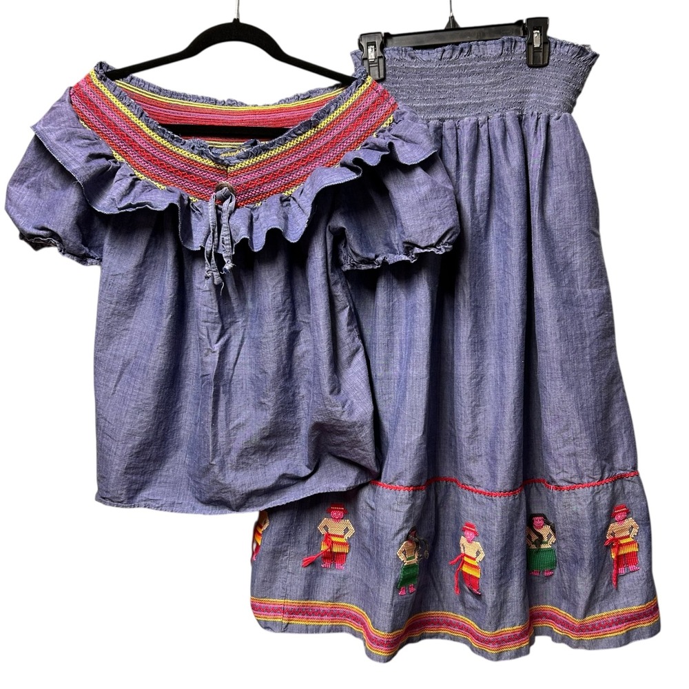 Panhandle Slims‎ 2 Pc Set Vintage Chambray Peasant Top Skirt Folk Embroider Med